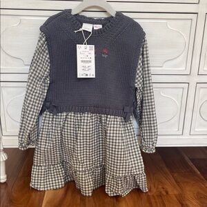 Zara Gray Checkered Kids Dress with Knit Overlay